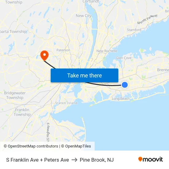 S Franklin Ave + Peters Ave to Pine Brook, NJ map