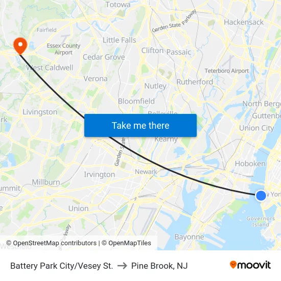 Battery Park City/Vesey St. to Pine Brook, NJ map