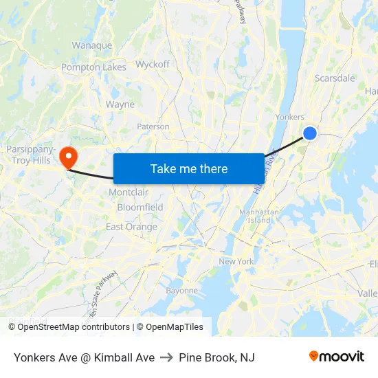 Yonkers Ave @ Kimball Ave to Pine Brook, NJ map
