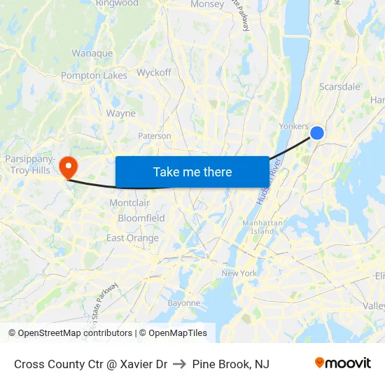 Cross County Ctr @ Xavier Dr to Pine Brook, NJ map