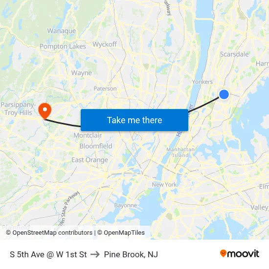 S 5th Ave @ W 1st St to Pine Brook, NJ map
