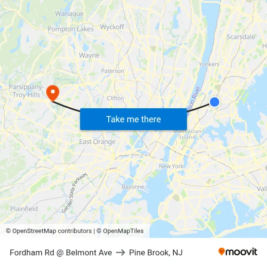 Fordham Rd @ Belmont Ave to Pine Brook, NJ map