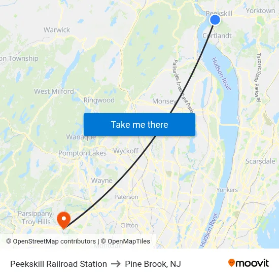 Peekskill Railroad Station to Pine Brook, NJ map