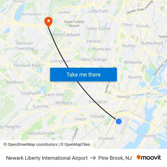 Newark Liberty International Airport to Pine Brook, NJ map