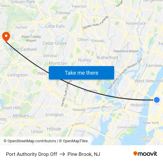 Port Authority Drop Off to Pine Brook, NJ map