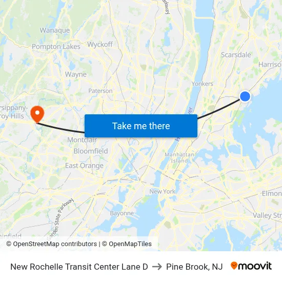New Rochelle Transit Center Lane D to Pine Brook, NJ map
