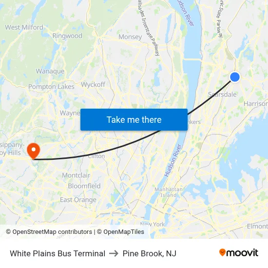 White Plains Bus Terminal to Pine Brook, NJ map