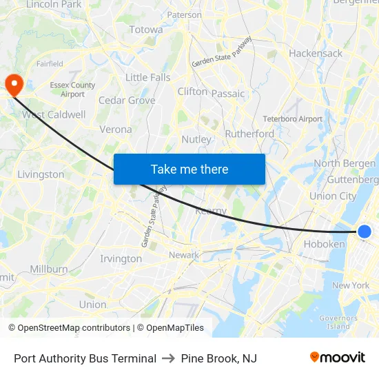 Port Authority Bus Terminal to Pine Brook, NJ map