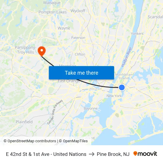 E 42nd St & 1st Ave - United Nations to Pine Brook, NJ map