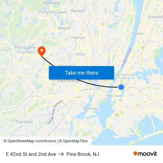 E 42nd St and 2nd Ave to Pine Brook, NJ map