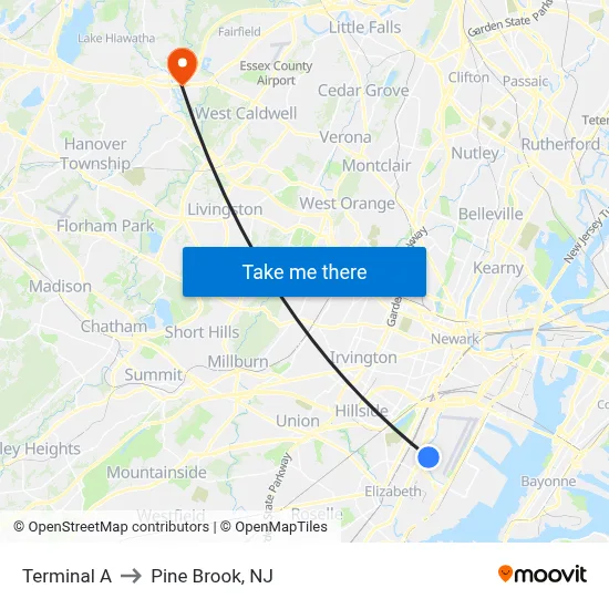 Terminal A to Pine Brook, NJ map