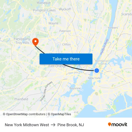New York Midtown West to Pine Brook, NJ map