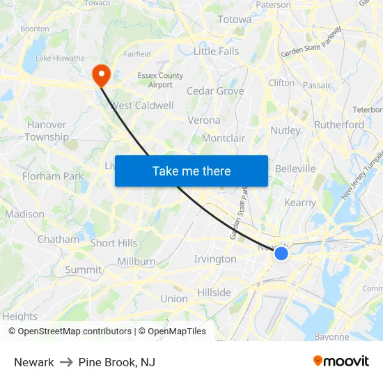 Newark to Pine Brook, NJ map