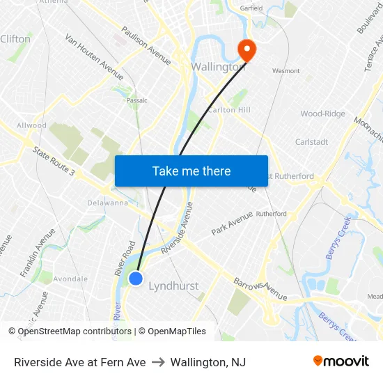 Riverside Ave at Fern Ave to Wallington, NJ map