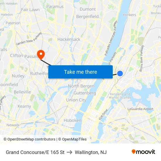 Grand Concourse/E 165 St to Wallington, NJ map
