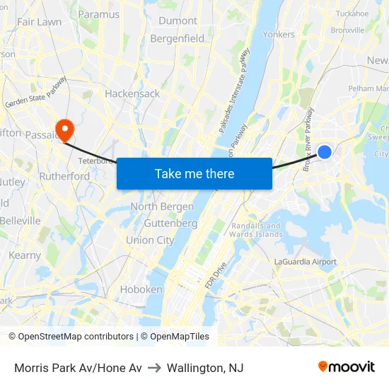 Morris Park Av/Hone Av to Wallington, NJ map