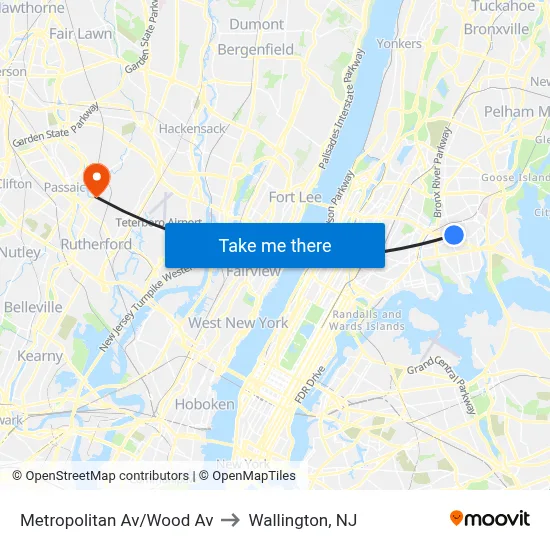 Metropolitan Av/Wood Av to Wallington, NJ map