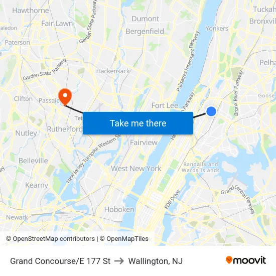Grand Concourse/E 177 St to Wallington, NJ map
