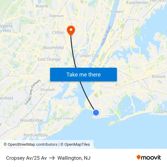 Cropsey Av/25 Av to Wallington, NJ map