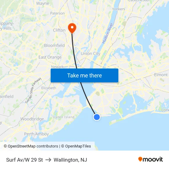 Surf Av/W 29 St to Wallington, NJ map