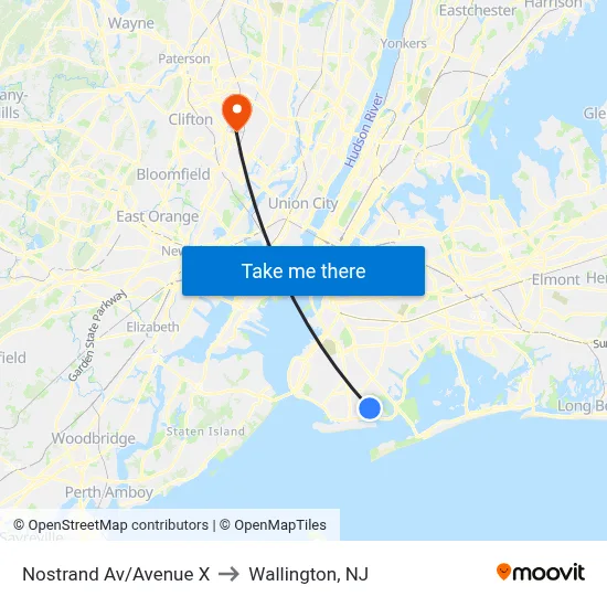 Nostrand Av/Avenue X to Wallington, NJ map
