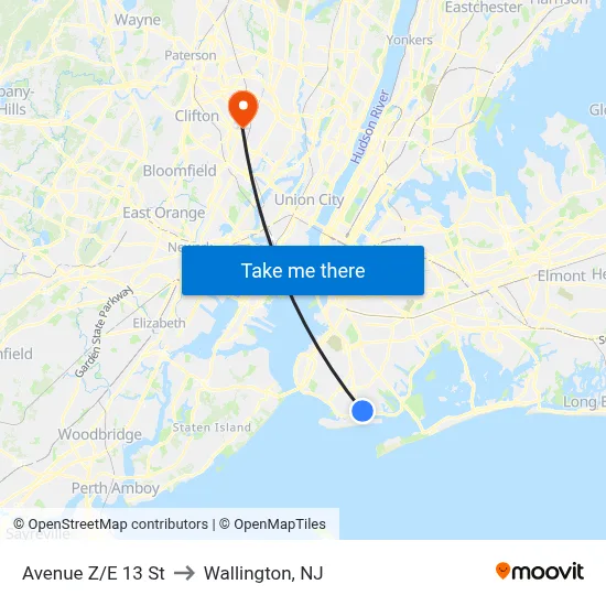 Avenue Z/E 13 St to Wallington, NJ map