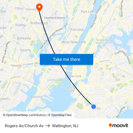 Rogers Av/Church Av to Wallington, NJ map