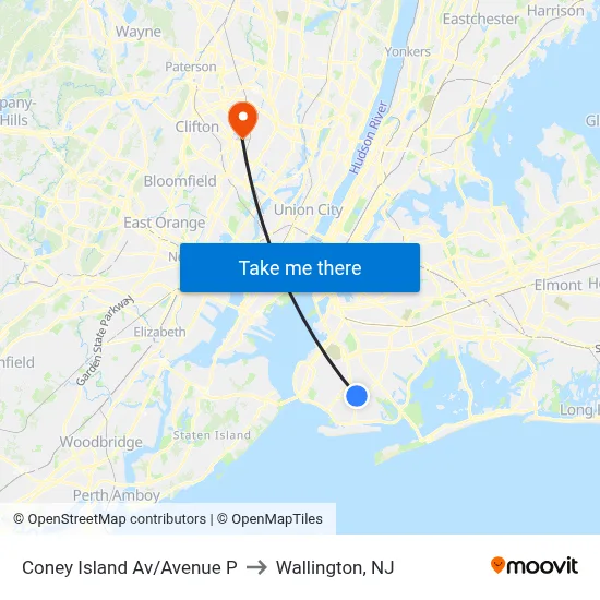 Coney Island Av/Avenue P to Wallington, NJ map