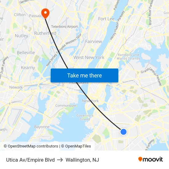Utica Av/Empire Blvd to Wallington, NJ map