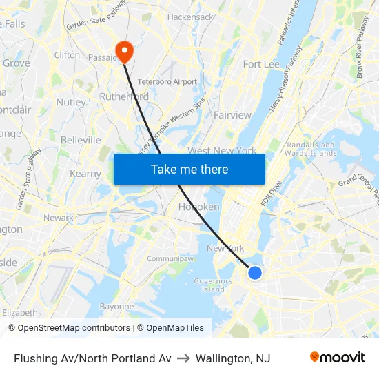 Flushing Av/North Portland Av to Wallington, NJ map