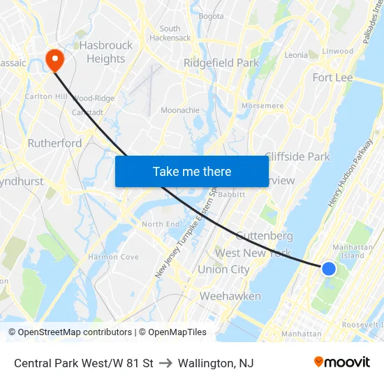 Central Park West/W 81 St to Wallington, NJ map