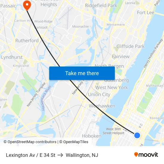 Lexington Av / E 34 St to Wallington, NJ map