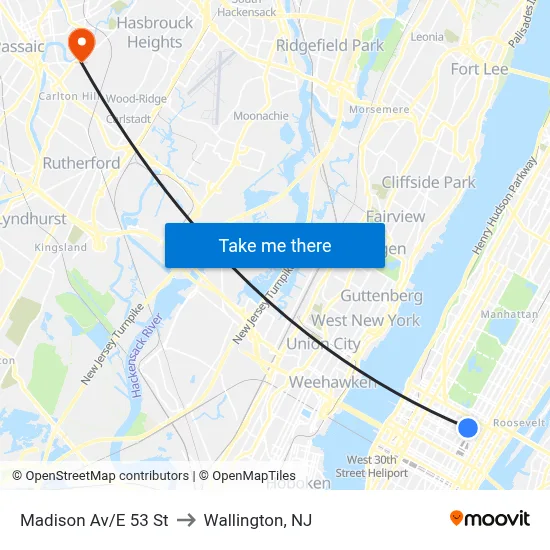Madison Av/E 53 St to Wallington, NJ map