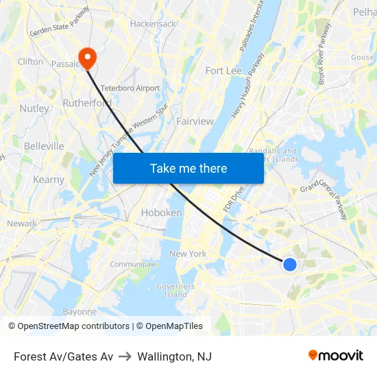 Forest Av/Gates Av to Wallington, NJ map