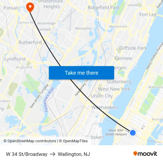 W 34 St/Broadway to Wallington, NJ map