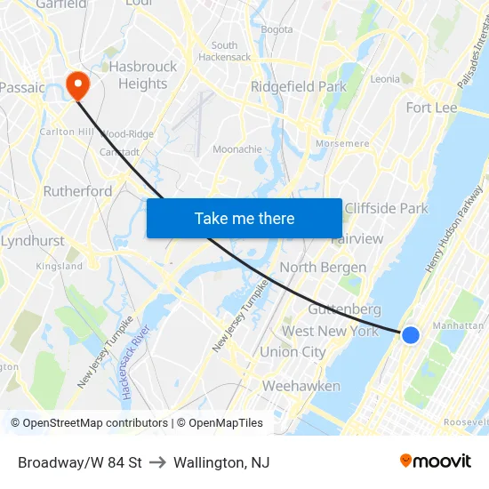 Broadway/W 84 St to Wallington, NJ map