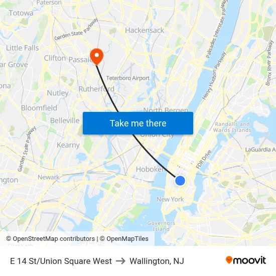 E 14 St/Union Square West to Wallington, NJ map