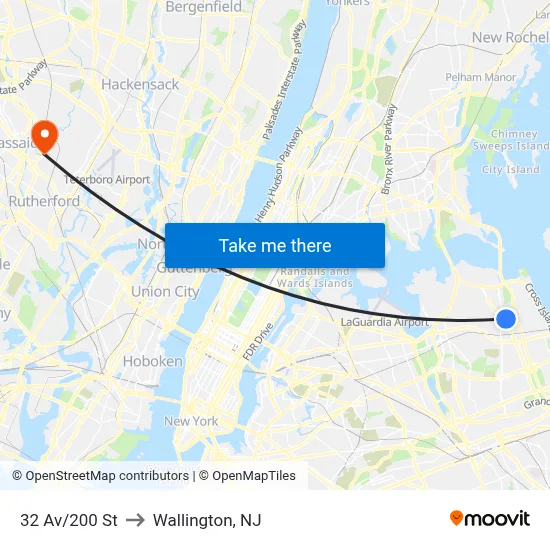 32 Av/200 St to Wallington, NJ map