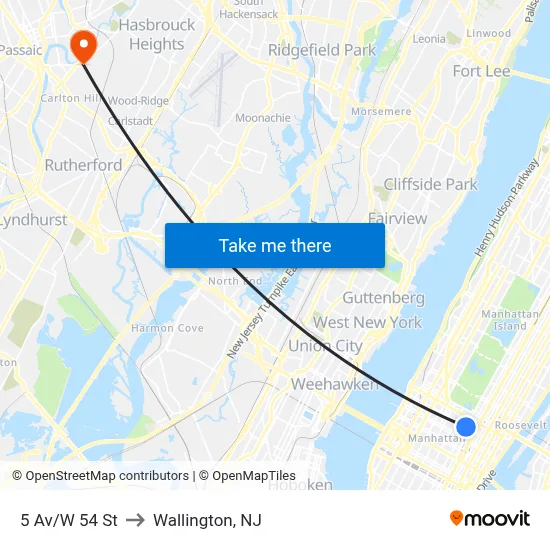 5 Av/W 54 St to Wallington, NJ map