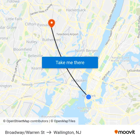 Broadway/Warren St to Wallington, NJ map