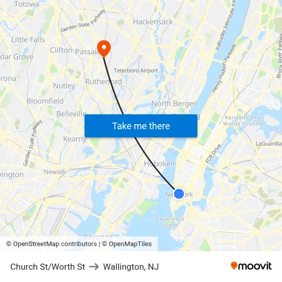 Church St/Worth St to Wallington, NJ map
