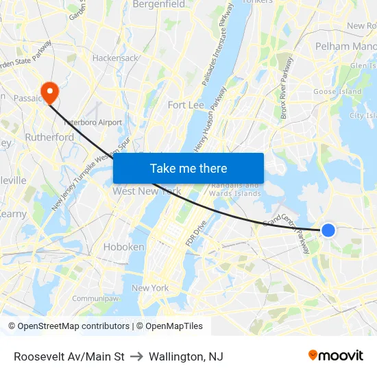 Roosevelt Av/Main St to Wallington, NJ map