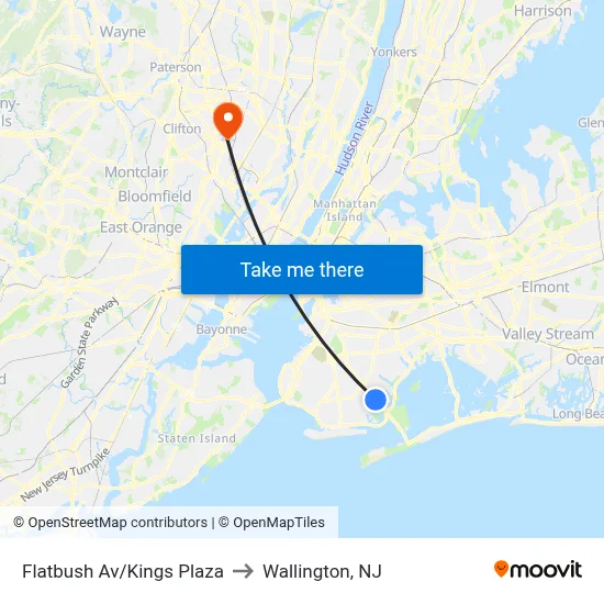Flatbush Av/Kings Plaza to Wallington, NJ map
