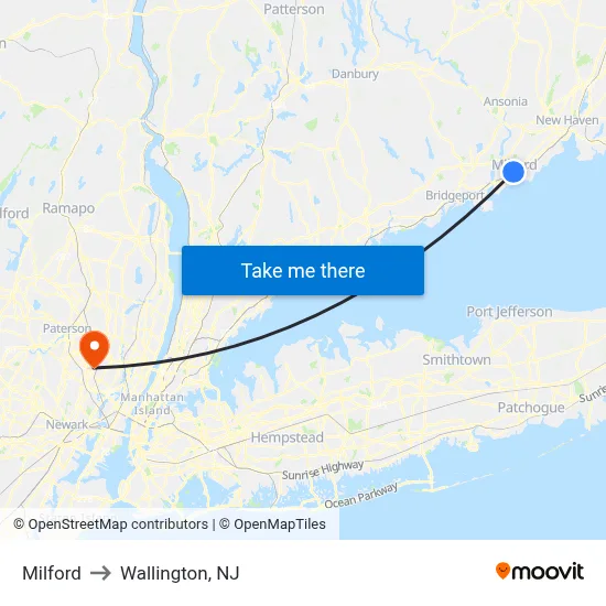 Milford to Wallington, NJ map