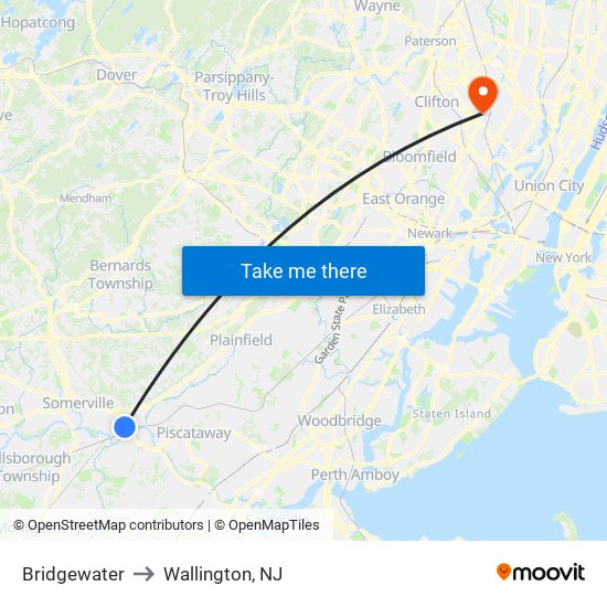 Bridgewater to Wallington, NJ map