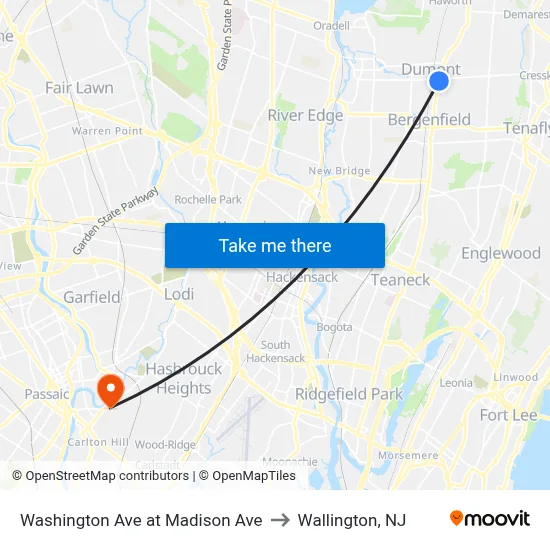 Washington Ave at Madison Ave to Wallington, NJ map