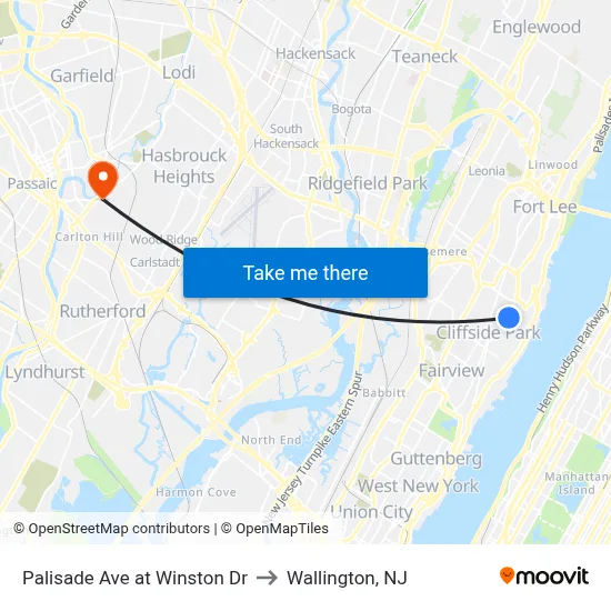 Palisade Ave at Winston Dr to Wallington, NJ map
