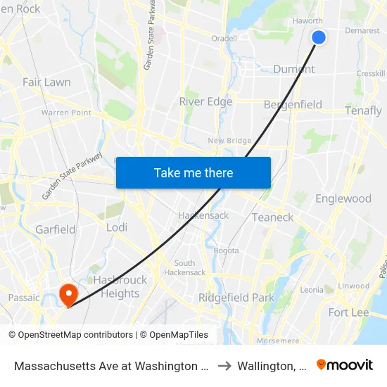Massachusetts Ave at Washington Ave to Wallington, NJ map