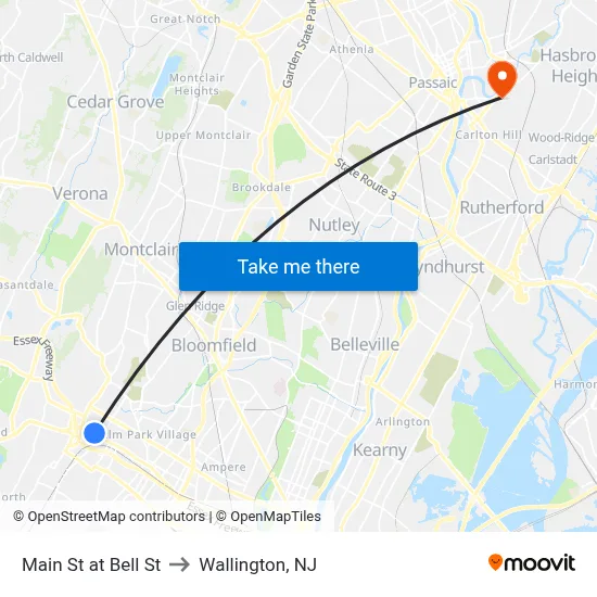 Main St at Bell St to Wallington, NJ map