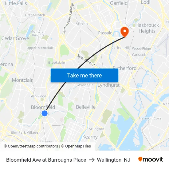 Bloomfield Ave at Burroughs Place to Wallington, NJ map